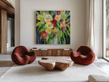 Spring Flowers in a Vase II by Silvia Vassileva. Shown as extra-large giant wall art in a modern living room. Available as an archival giclee rolled canvas, fine art paper, or poster print. SKU 80858a.