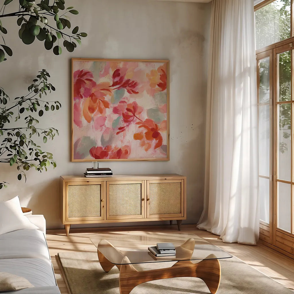 Spring Galore II by Silvia Vassileva. Shown in a natural wood frame in a cozy modern living room. Available as an archival giclee rolled canvas, fine art paper, or poster print. SKU 30165a.