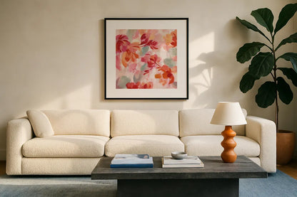 Spring Galore II by Silvia Vassileva. Displayed in a glass frame with matte in a clean modern living room. Available as an archival giclee rolled canvas, fine art paper, or poster print. SKU 30165a.