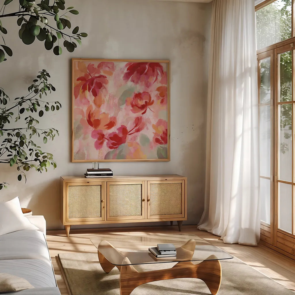 Spring Galore III by Silvia Vassileva. Shown in a natural wood frame in a cozy modern living room. Available as an archival giclee rolled canvas, fine art paper, or poster print. SKU 30166a.