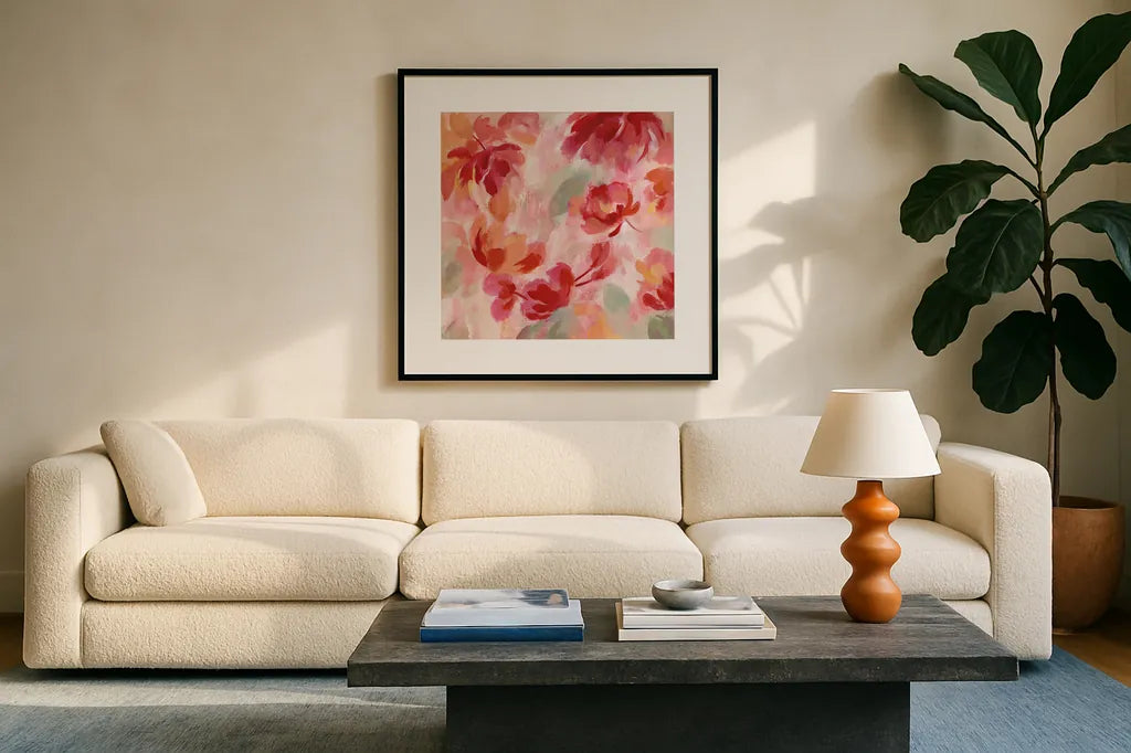 Spring Galore III by Silvia Vassileva. Displayed in a glass frame with matte in a clean modern living room. Available as an archival giclee rolled canvas, fine art paper, or poster print. SKU 30166a.