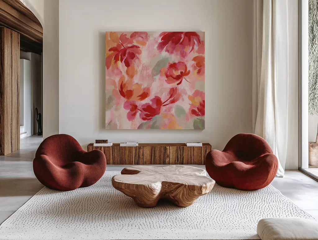 Spring Galore III by Silvia Vassileva. Shown as extra-large giant wall art in a modern living room. Available as an archival giclee rolled canvas, fine art paper, or poster print. SKU 30166a.