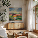 Spring Hues I by Silvia Vassileva. Shown in a natural wood frame in a cozy modern living room. Available as an archival giclee rolled canvas, fine art paper, or poster print. SKU 83510a.