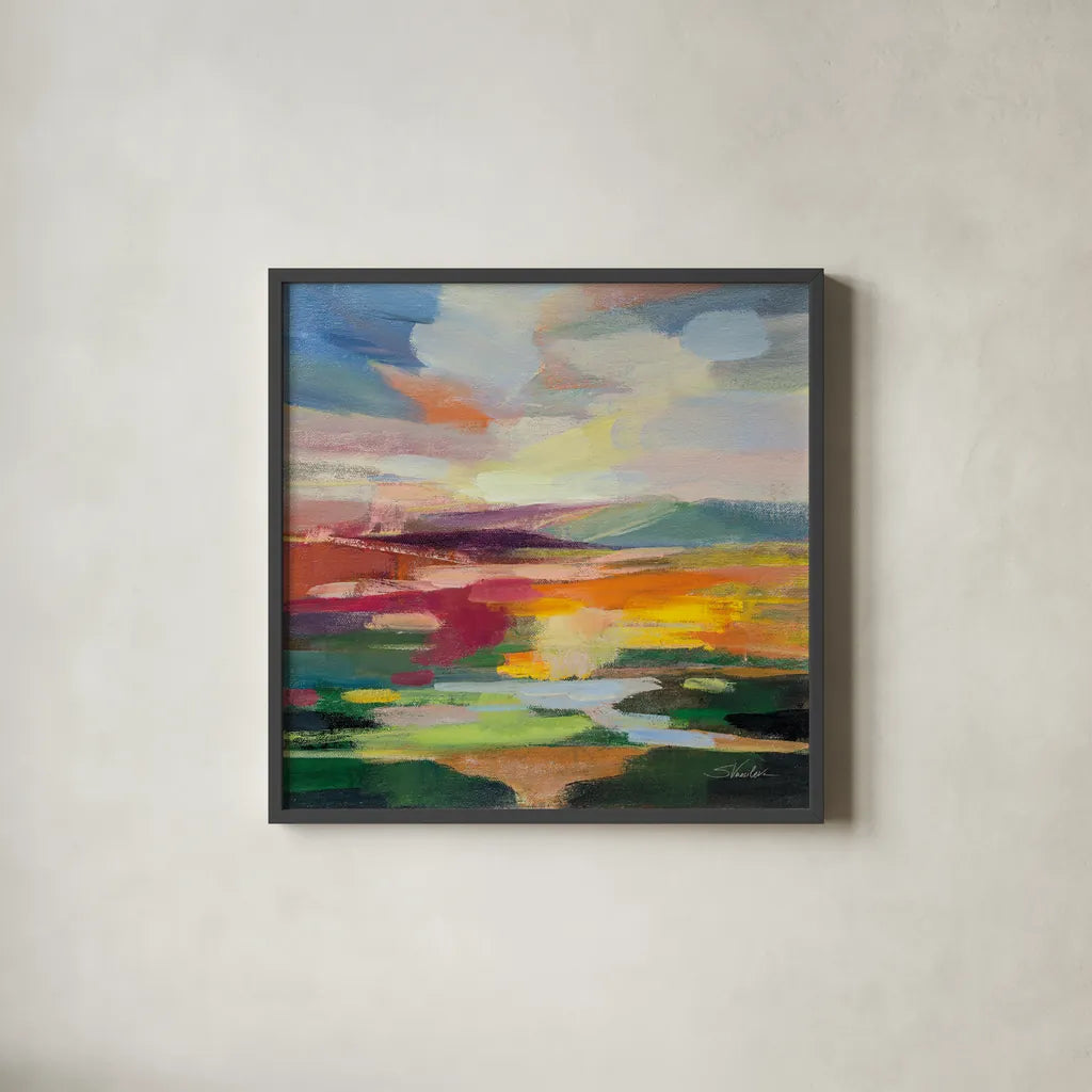 Spring Hues II by Silvia Vassileva. Shown in a sleek black glass frame for a contemporary gallery look. Available as an archival giclee rolled canvas, fine art paper, or poster print. SKU 83511a.