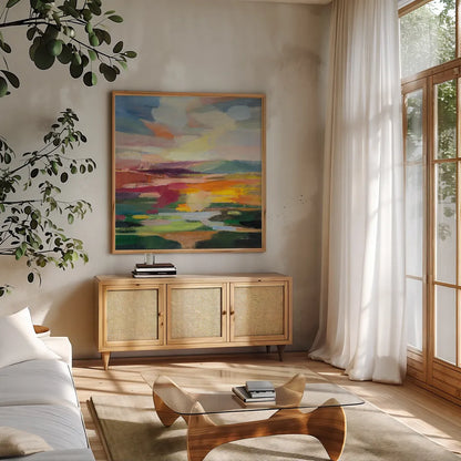 Spring Hues II by Silvia Vassileva. Shown in a natural wood frame in a cozy modern living room. Available as an archival giclee rolled canvas, fine art paper, or poster print. SKU 83511a.