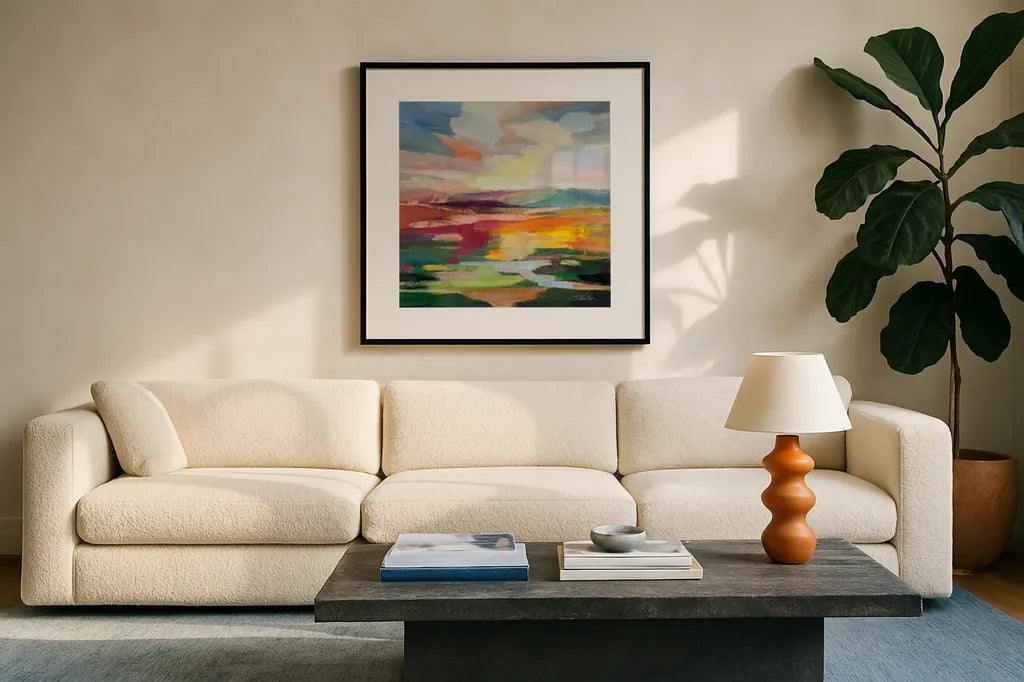 Spring Hues II by Silvia Vassileva. Displayed in a glass frame with matte in a clean modern living room. Available as an archival giclee rolled canvas, fine art paper, or poster print. SKU 83511a.