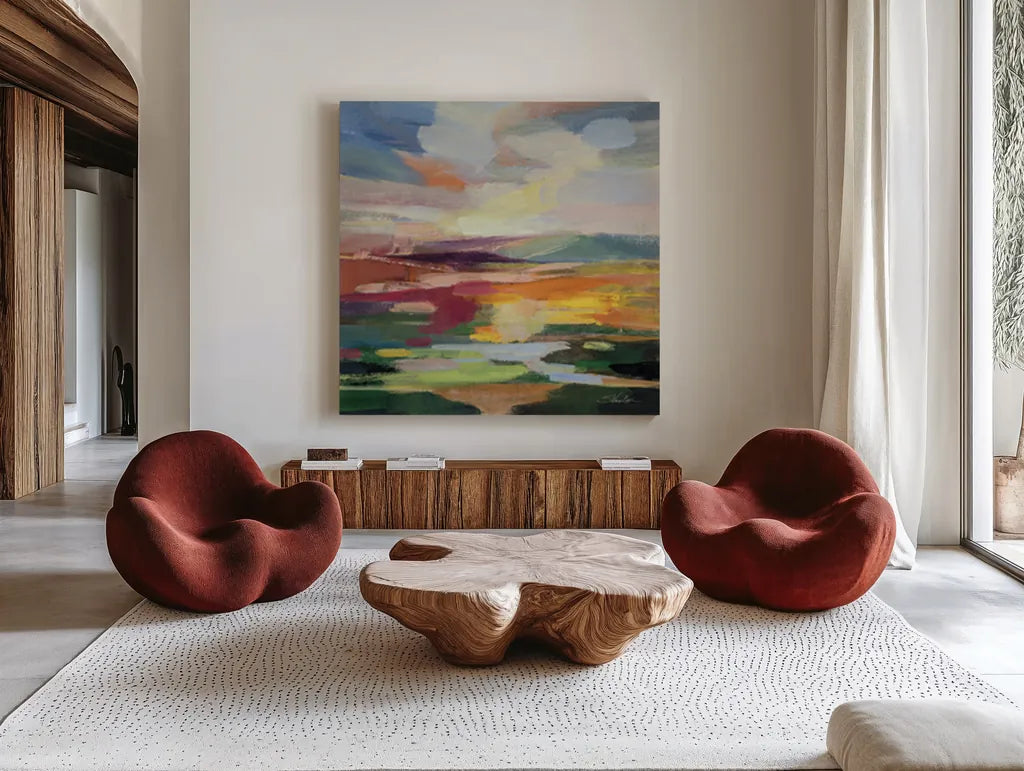 Spring Hues II by Silvia Vassileva. Shown as extra-large giant wall art in a modern living room. Available as an archival giclee rolled canvas, fine art paper, or poster print. SKU 83511a.