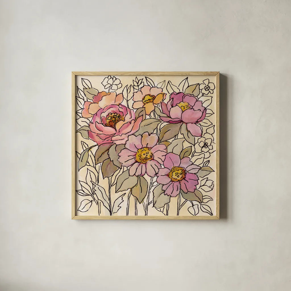 Spring Lace Floral I by Silvia Vassileva. Shown in a natural wood glass frame for a timeless modern aesthetic. Available as an archival giclee rolled canvas, fine art paper, or poster print. SKU 64822a.