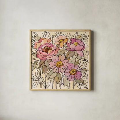 Spring Lace Floral I by Silvia Vassileva. Shown in a natural wood glass frame for a timeless modern aesthetic. Available as an archival giclee rolled canvas, fine art paper, or poster print. SKU 64822a.