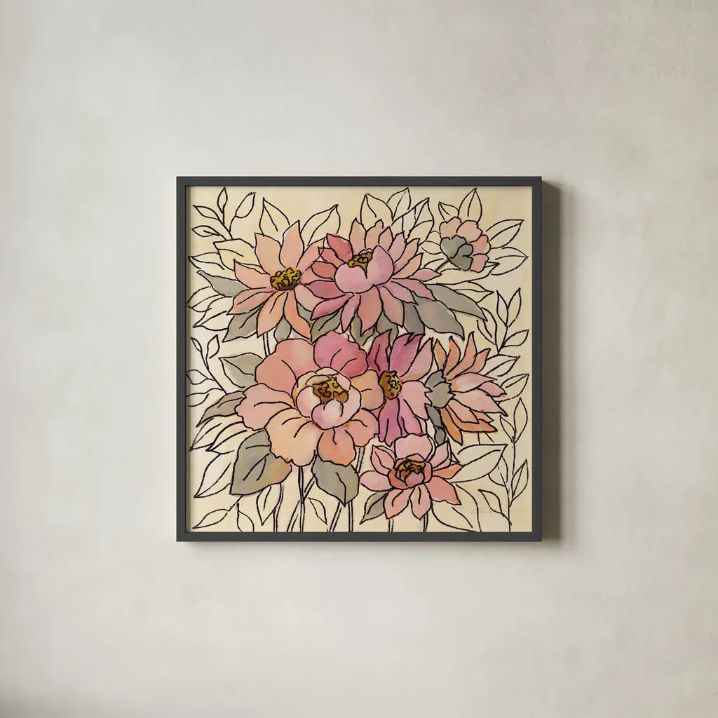 Spring Lace Floral II by Silvia Vassileva. Shown in a sleek black glass frame for a contemporary gallery look. Available as an archival giclee rolled canvas, fine art paper, or poster print. SKU 64823a.