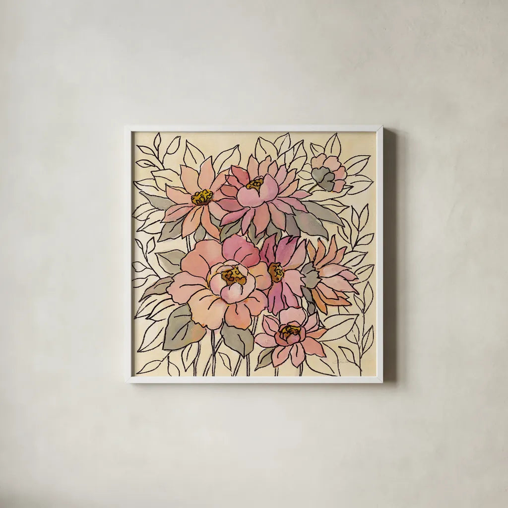 Spring Lace Floral II by Silvia Vassileva. Shown in a crisp white glass frame for a clean and minimalist style. Available as an archival giclee rolled canvas, fine art paper, or poster print. SKU 64823a.