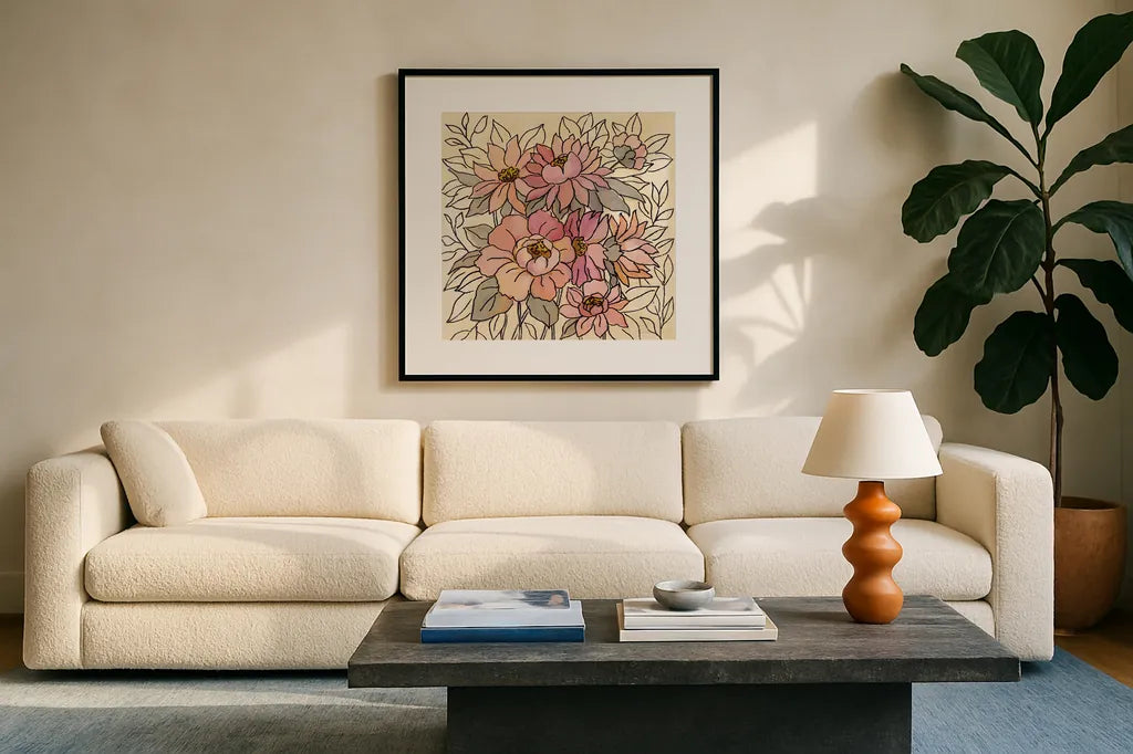 Spring Lace Floral II by Silvia Vassileva. Displayed in a glass frame with matte in a clean modern living room. Available as an archival giclee rolled canvas, fine art paper, or poster print. SKU 64823a.