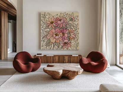 Spring Lace Floral II by Silvia Vassileva. Shown as extra-large giant wall art in a modern living room. Available as an archival giclee rolled canvas, fine art paper, or poster print. SKU 64823a.