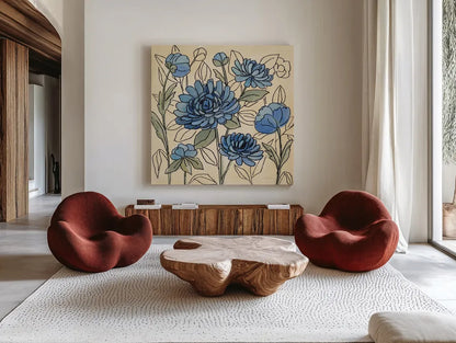 Spring Lace Floral III by Silvia Vassileva. Shown as extra-large giant wall art in a modern living room. Available as an archival giclee rolled canvas, fine art paper, or poster print. SKU 64824a.