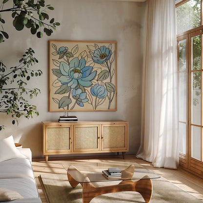 Spring Lace Floral IV by Silvia Vassileva. Shown in a natural wood frame in a cozy modern living room. Available as an archival giclee rolled canvas, fine art paper, or poster print. SKU 64825a.