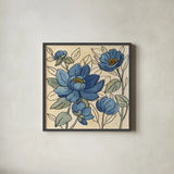 Spring Lace Floral IV Dark Blue by Silvia Vassileva. Shown in a sleek black glass frame for a contemporary gallery look. Available as an archival giclee rolled canvas, fine art paper, or poster print. SKU 65712a.