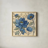 Spring Lace Floral IV Dark Blue by Silvia Vassileva. Shown in a natural wood glass frame for a timeless modern aesthetic. Available as an archival giclee rolled canvas, fine art paper, or poster print. SKU 65712a.