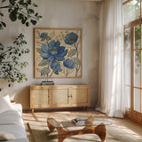 Spring Lace Floral IV Dark Blue by Silvia Vassileva. Shown in a natural wood frame in a cozy modern living room. Available as an archival giclee rolled canvas, fine art paper, or poster print. SKU 65712a.