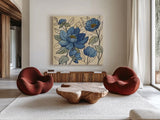 Spring Lace Floral IV Dark Blue by Silvia Vassileva. Shown as extra-large giant wall art in a modern living room. Available as an archival giclee rolled canvas, fine art paper, or poster print. SKU 65712a.