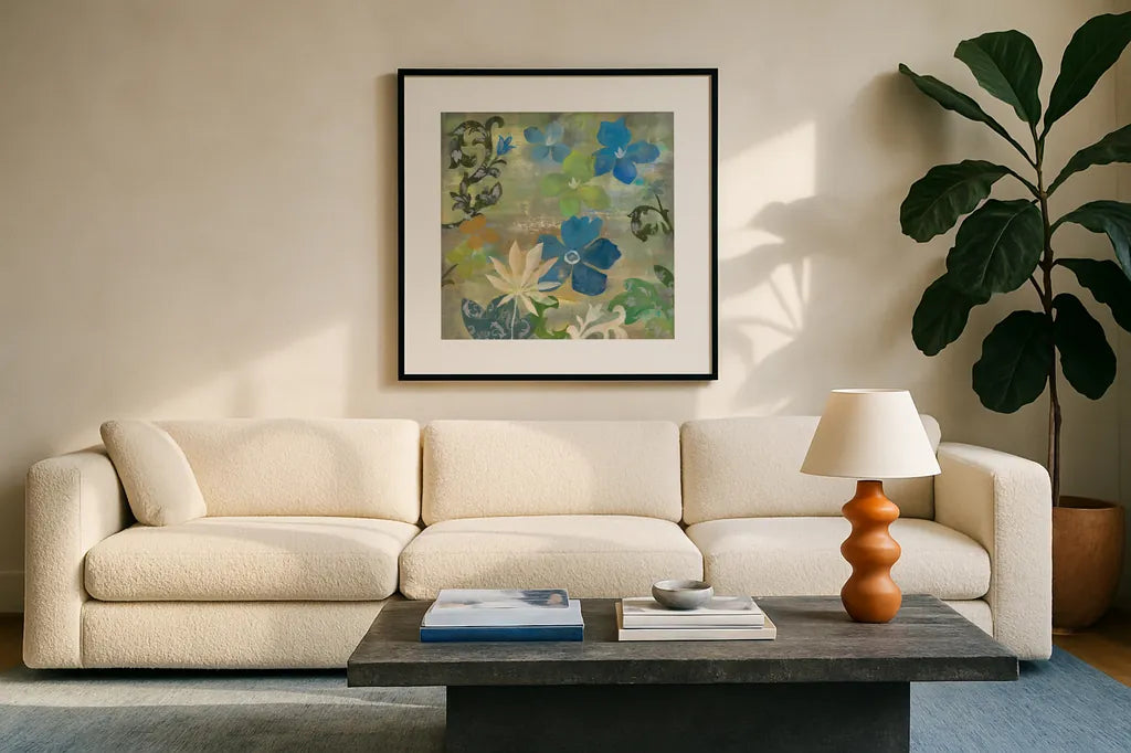 Spring Lake by Silvia Vassileva. Displayed in a glass frame with matte in a clean modern living room. Available as an archival giclee rolled canvas, fine art paper, or poster print. SKU 60308a.