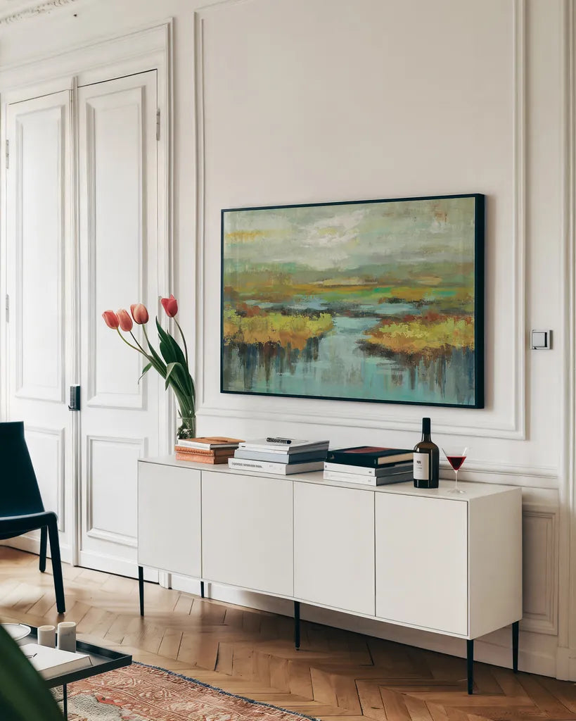 Spring Landscape by Silvia Vassileva. shown as a framed stretched canvas in a living room above a console. Available as a archival giclee rolled canvas, fine art paper, or poster print. SKU 22925i.