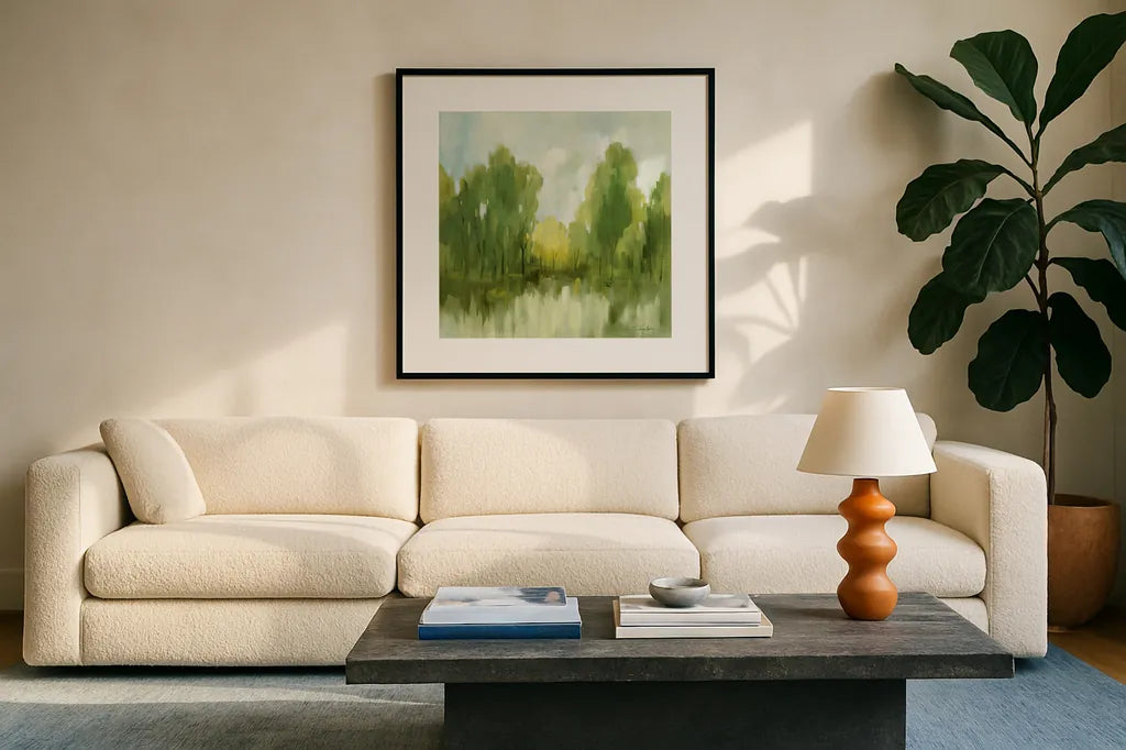 Spring Memories by Silvia Vassileva. Displayed in a glass frame with matte in a clean modern living room. Available as an archival giclee rolled canvas, fine art paper, or poster print. SKU 77484a.