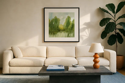 Spring Memories by Silvia Vassileva. Displayed in a glass frame with matte in a clean modern living room. Available as an archival giclee rolled canvas, fine art paper, or poster print. SKU 77484a.