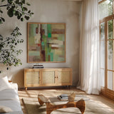 Spring Poem by Silvia Vassileva. Shown in a natural wood frame in a cozy modern living room. Available as an archival giclee rolled canvas, fine art paper, or poster print. SKU 36343a.