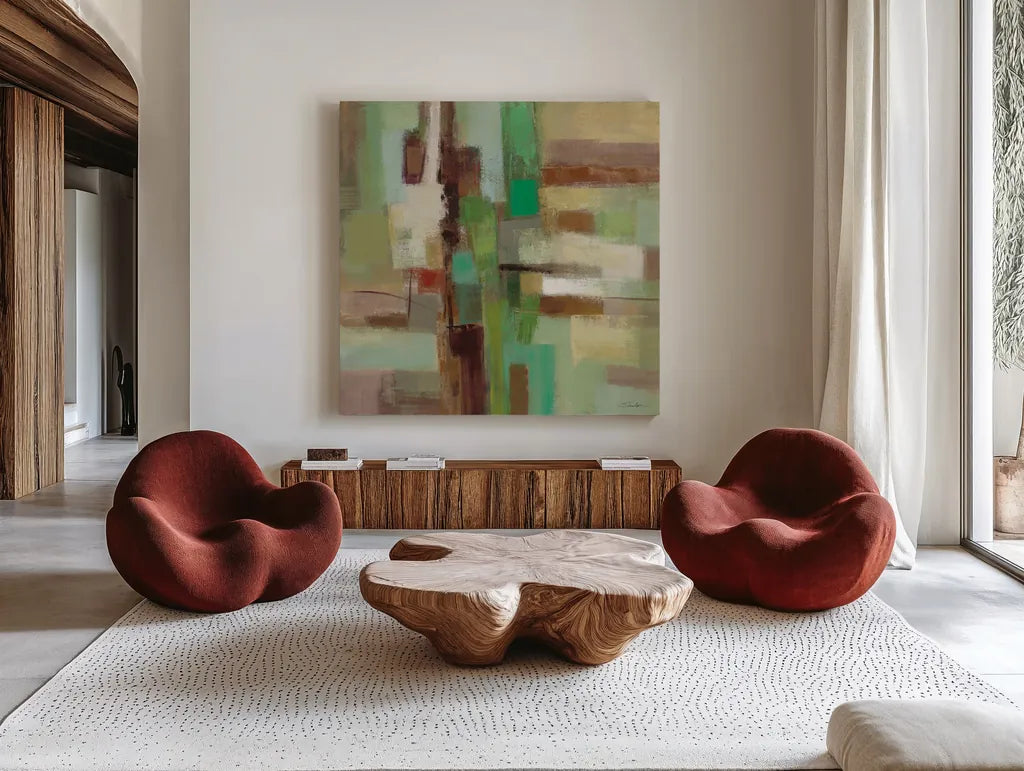 Spring Poem by Silvia Vassileva. Shown as extra-large giant wall art in a modern living room. Available as an archival giclee rolled canvas, fine art paper, or poster print. SKU 36343a.
