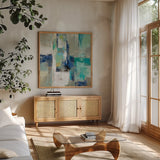 Spring Reflections by Silvia Vassileva. Shown in a natural wood frame in a cozy modern living room. Available as an archival giclee rolled canvas, fine art paper, or poster print. SKU 58441a.