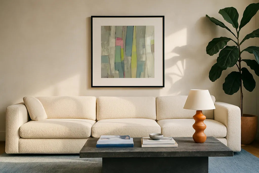 Spring Stream by Silvia Vassileva. Displayed in a glass frame with matte in a clean modern living room. Available as an archival giclee rolled canvas, fine art paper, or poster print. SKU 77871a.