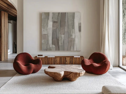 Spring Stream Neutral by Silvia Vassileva. Shown as extra-large giant wall art in a modern living room. Available as an archival giclee rolled canvas, fine art paper, or poster print. SKU 79507a.