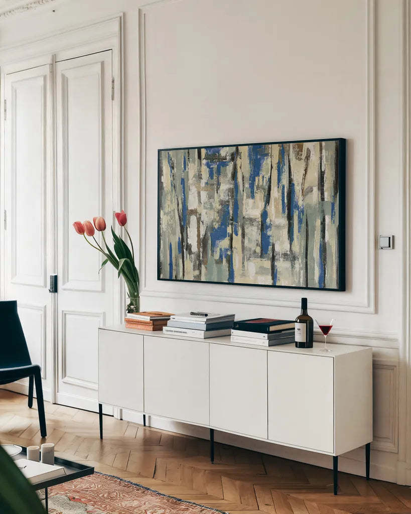 Spring Stripes Blue by Silvia Vassileva. shown as a framed stretched canvas in a living room above a console. Available as a archival giclee rolled canvas, fine art paper, or poster print. SKU 33375i.