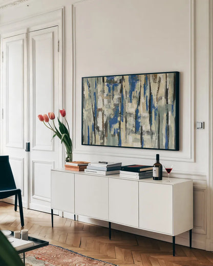 Spring Stripes Blue by Silvia Vassileva. shown as a framed stretched canvas in a living room above a console. Available as a archival giclee rolled canvas, fine art paper, or poster print. SKU 33375i.