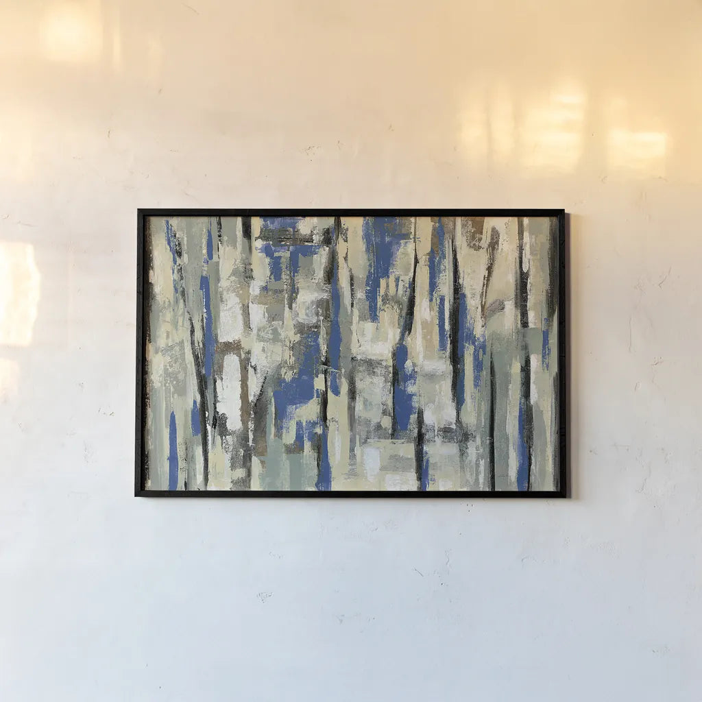 Spring Stripes Blue by Silvia Vassileva. shown as a paper print in a black flame. Available as a archival giclee rolled canvas, fine art paper, or poster print. SKU 33375i.