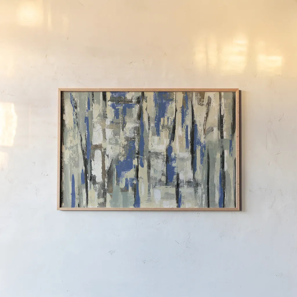 Spring Stripes Blue by Silvia Vassileva. shown as a paper print in a natural frame. Available as a archival giclee rolled canvas, fine art paper, or poster print. SKU 33375i.