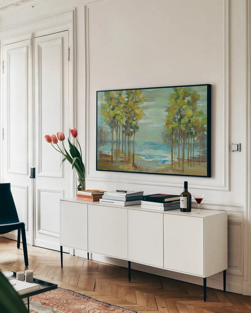 Spring Trees by Silvia Vassileva. shown as a framed stretched canvas in a living room above a console. Available as a archival giclee rolled canvas, fine art paper, or poster print. SKU 25220i.