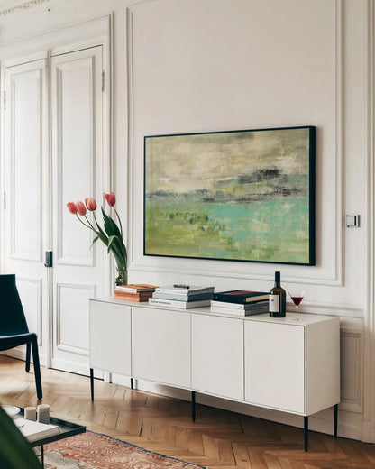 Spring Valley I by Silvia Vassileva. shown as a framed stretched canvas in a living room above a console. Available as a archival giclee rolled canvas, fine art paper, or poster print. SKU 43412i.
