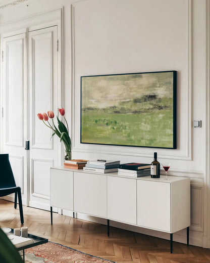 Spring Valley I Green by Silvia Vassileva. shown as a framed stretched canvas in a living room above a console. Available as a archival giclee rolled canvas, fine art paper, or poster print. SKU 56964i.