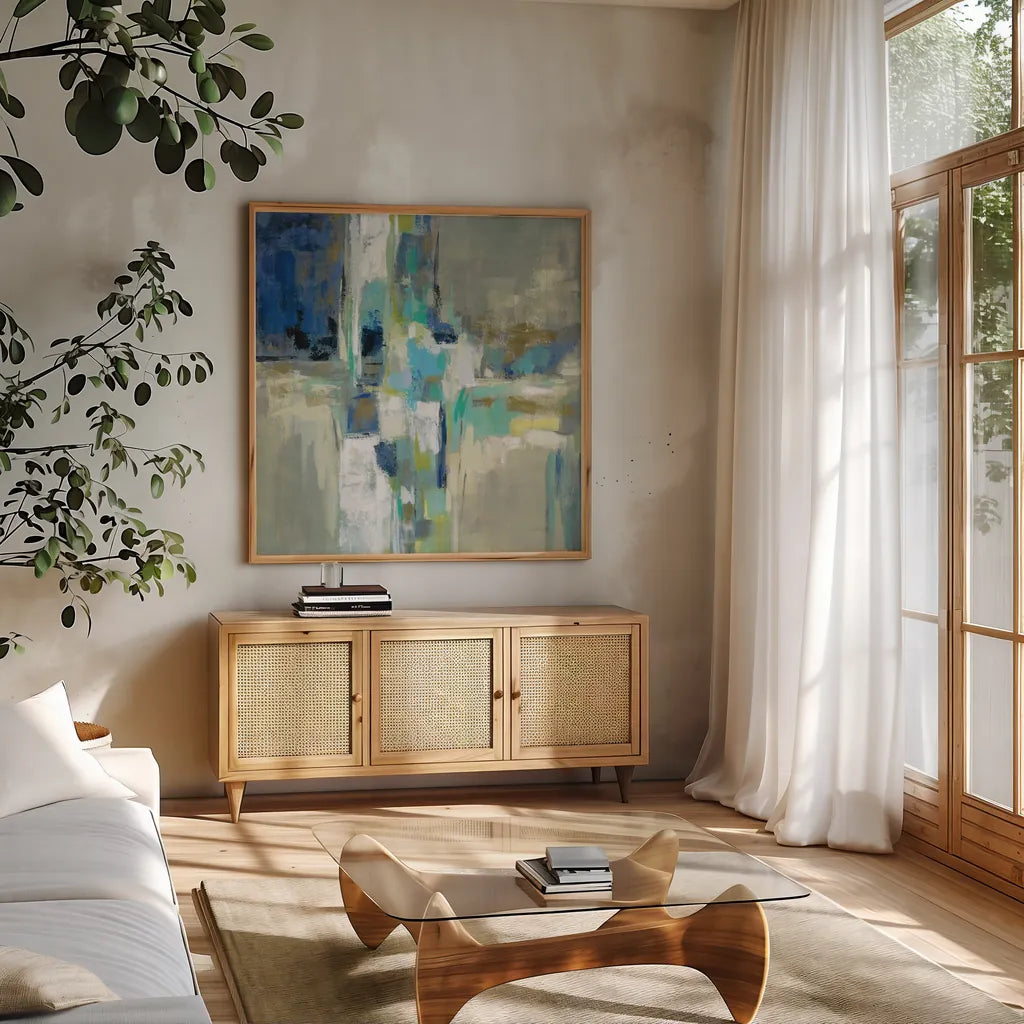 Spring Water by Silvia Vassileva. Shown in a natural wood frame in a cozy modern living room. Available as an archival giclee rolled canvas, fine art paper, or poster print. SKU 55091a.