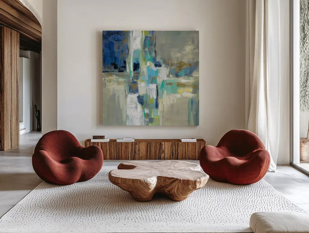 Spring Water by Silvia Vassileva. Shown as extra-large giant wall art in a modern living room. Available as an archival giclee rolled canvas, fine art paper, or poster print. SKU 55091a.