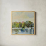 Spring Willows by Silvia Vassileva. Shown in a natural wood glass frame for a timeless modern aesthetic. Available as an archival giclee rolled canvas, fine art paper, or poster print. SKU 95136a.