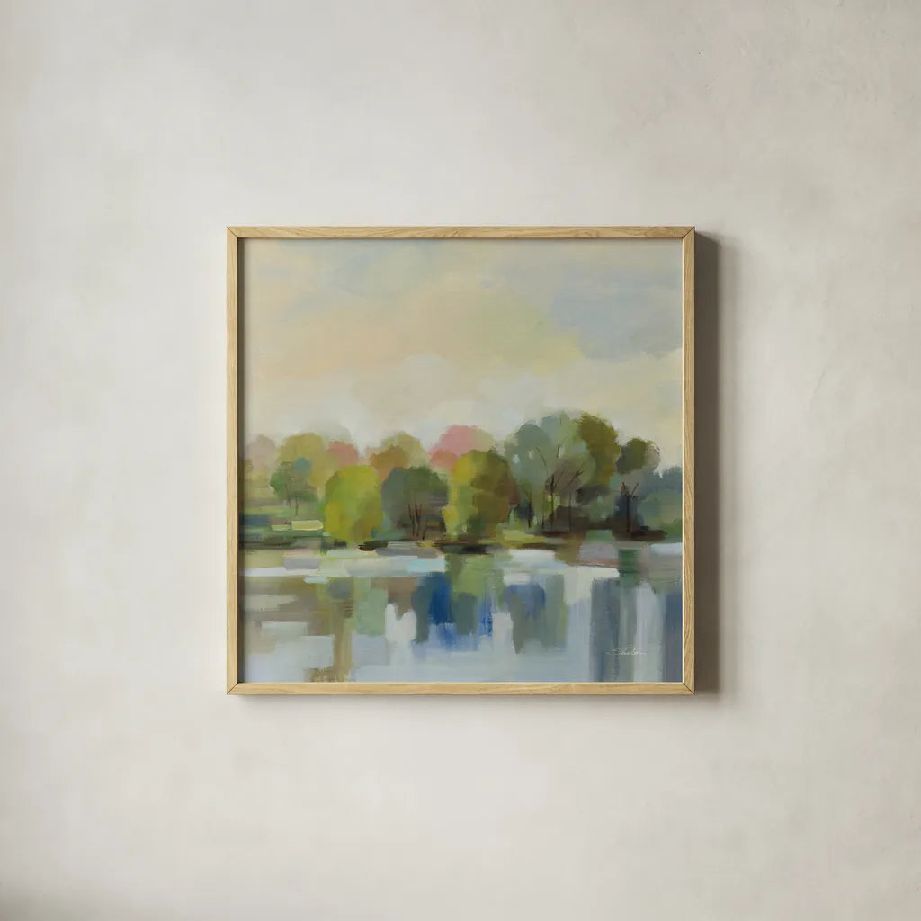 Spring Willows by Silvia Vassileva. Shown in a natural wood glass frame for a timeless modern aesthetic. Available as an archival giclee rolled canvas, fine art paper, or poster print. SKU 95136a.