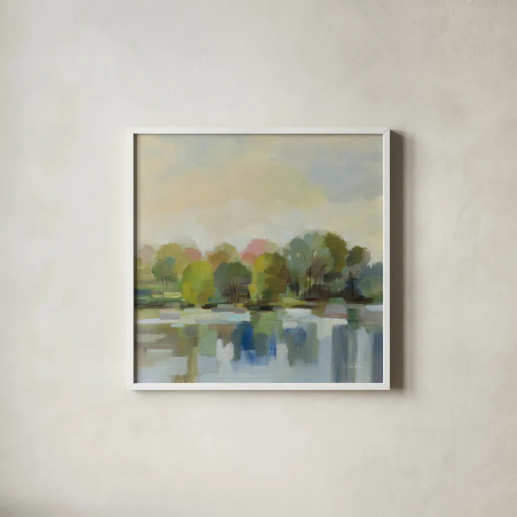 Spring Willows by Silvia Vassileva. Shown in a crisp white glass frame for a clean and minimalist style. Available as an archival giclee rolled canvas, fine art paper, or poster print. SKU 95136a.