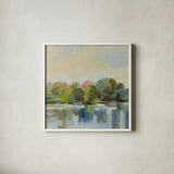 Spring Willows by Silvia Vassileva. Shown in a crisp white glass frame for a clean and minimalist style. Available as an archival giclee rolled canvas, fine art paper, or poster print. SKU 95136a.