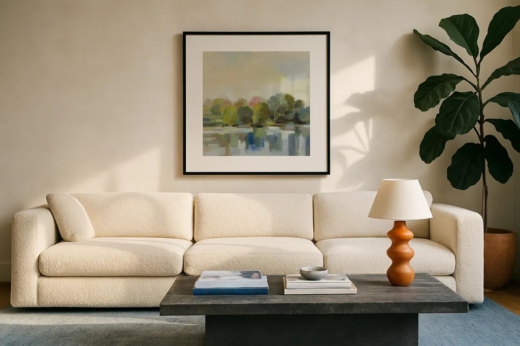 Spring Willows by Silvia Vassileva. Displayed in a glass frame with matte in a clean modern living room. Available as an archival giclee rolled canvas, fine art paper, or poster print. SKU 95136a.