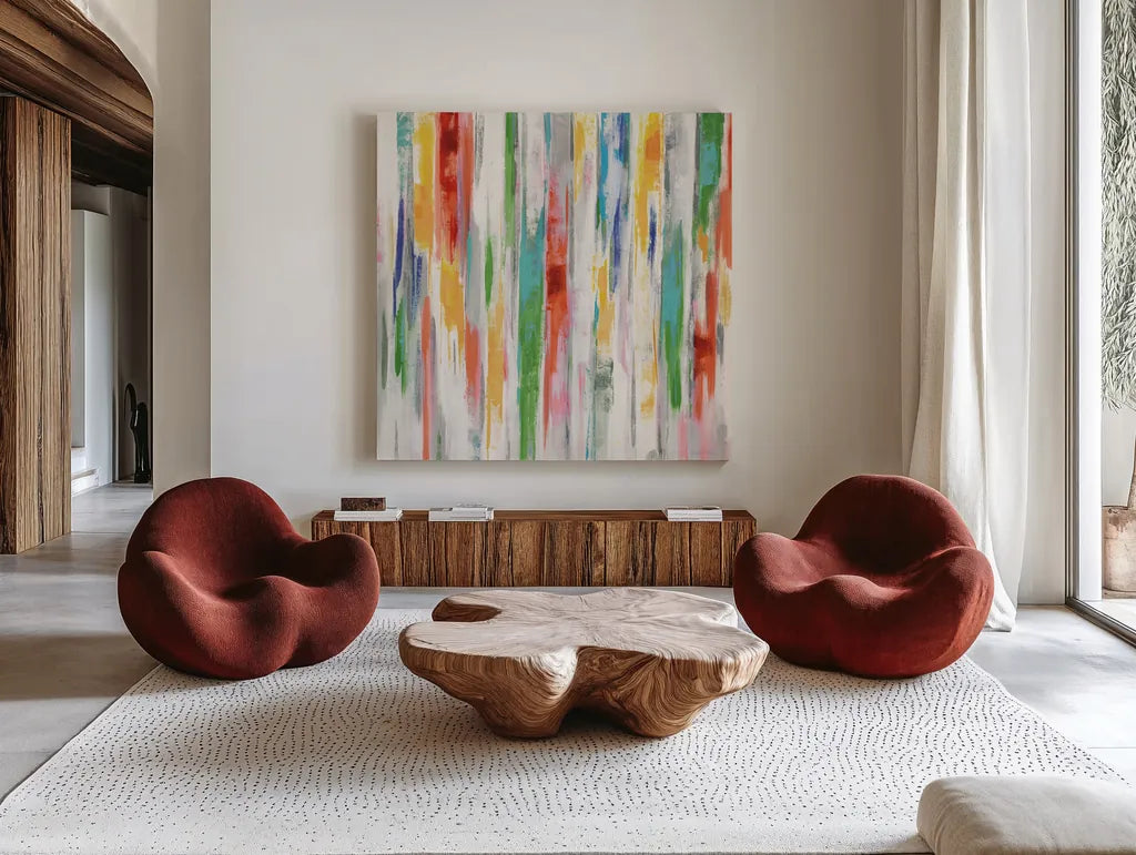 Spring Window Bright by Silvia Vassileva. Shown as extra-large giant wall art in a modern living room. Available as an archival giclee rolled canvas, fine art paper, or poster print. SKU 64571a.