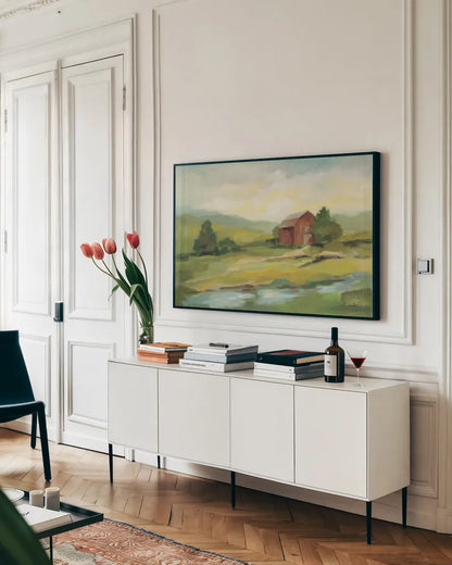 Springtime Farm by Silvia Vassileva. shown as a framed stretched canvas in a living room above a console. Available as a archival giclee rolled canvas, fine art paper, or poster print. SKU 69146i.