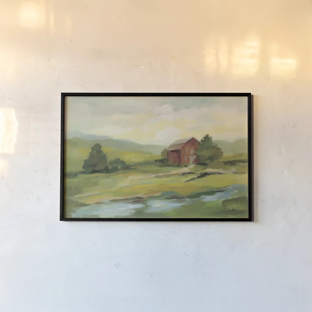 Springtime Farm by Silvia Vassileva. shown as a paper print in a black flame. Available as a archival giclee rolled canvas, fine art paper, or poster print. SKU 69146i.
