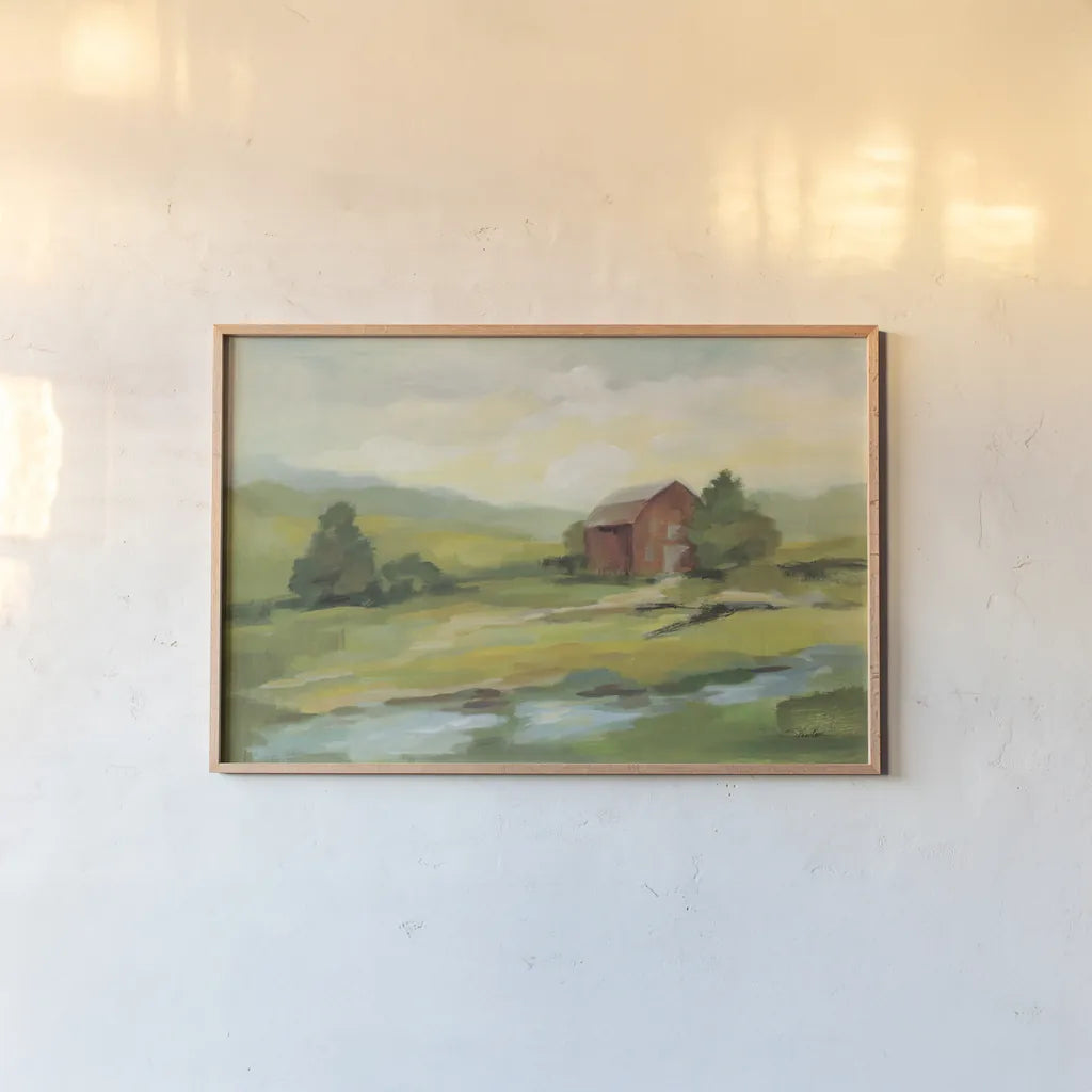 Springtime Farm by Silvia Vassileva. shown as a paper print in a natural frame. Available as a archival giclee rolled canvas, fine art paper, or poster print. SKU 69146i.